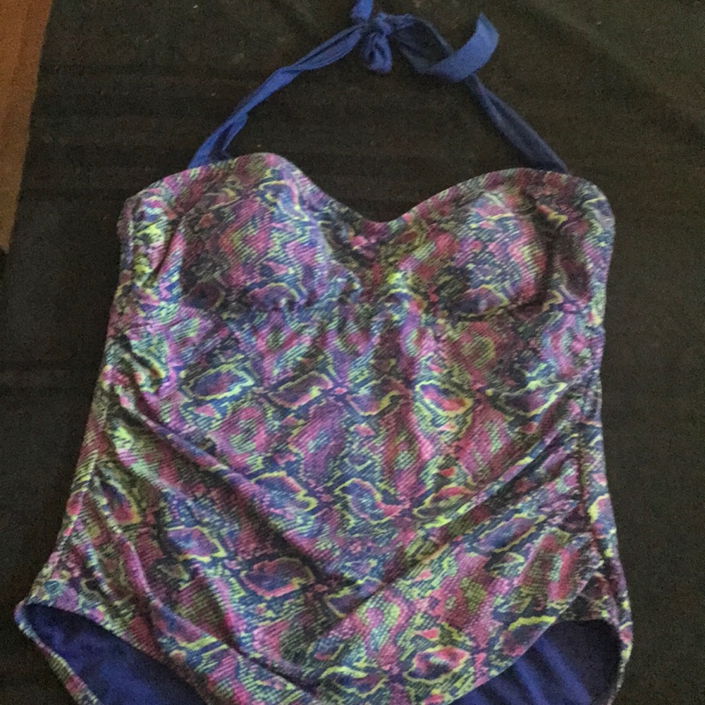Purple and green snakeskin bathing suit